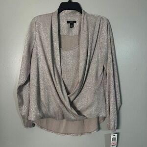 Alfani Womens Champagne Metallic Crinkle Surplice Blouse Top Size 10 NWT Glam